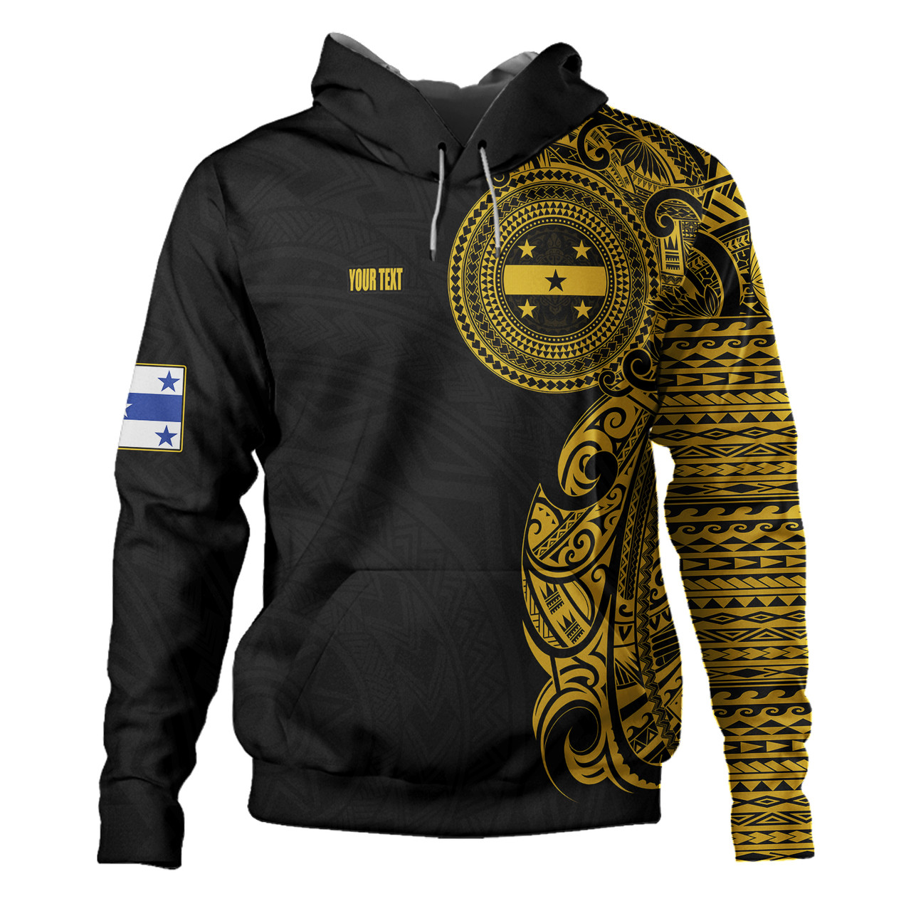 Gambier Islands Hoodie Custom Polynesian Half Sleeve Gold Tattoo With Seal Black