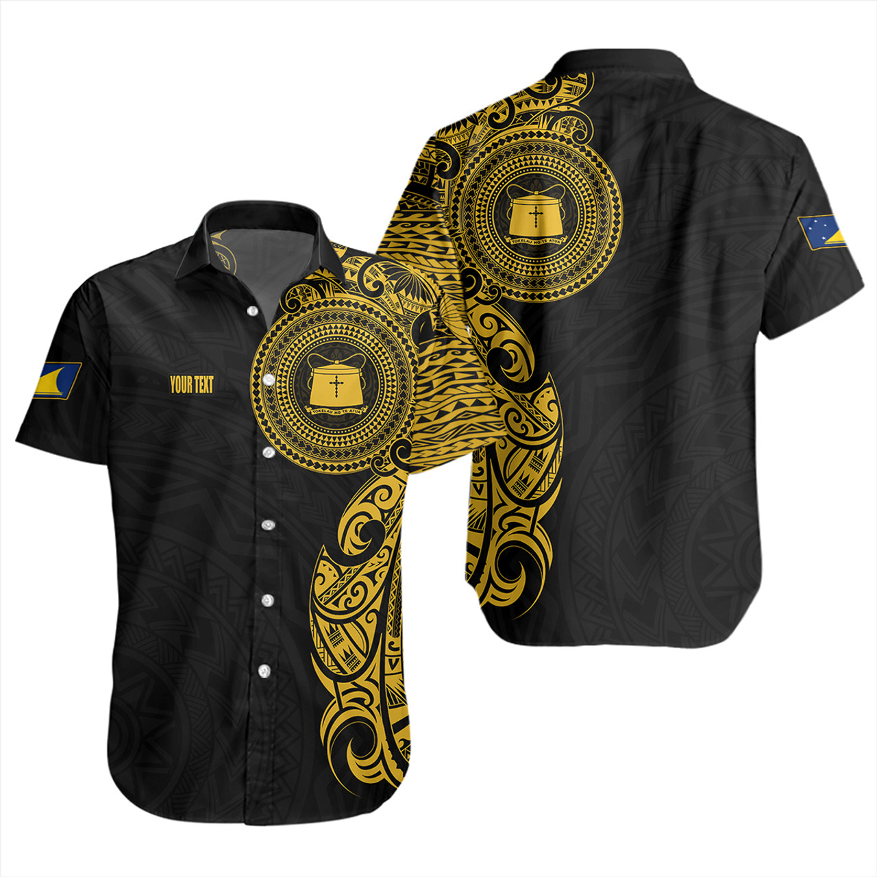 Tokelau Short Sleeve Shirt Custom Polynesian Half Sleeve Gold Tattoo With Seal Black