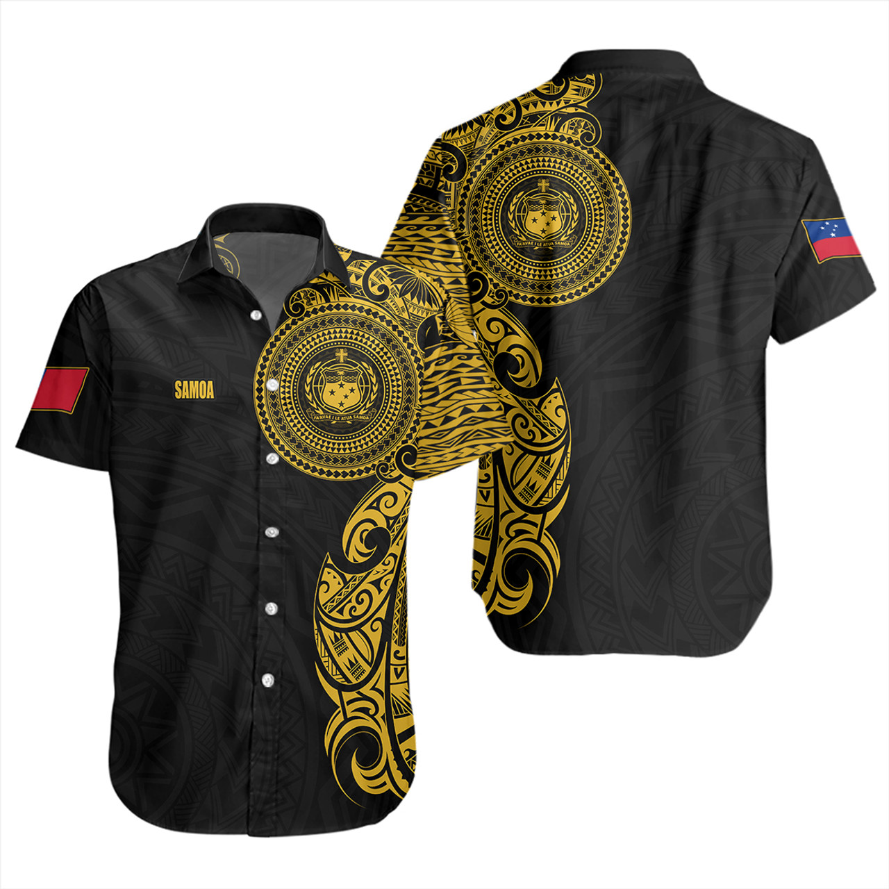 Samoa Short Sleeve Shirt Custom Polynesian Half Sleeve Gold Tattoo With Seal Black