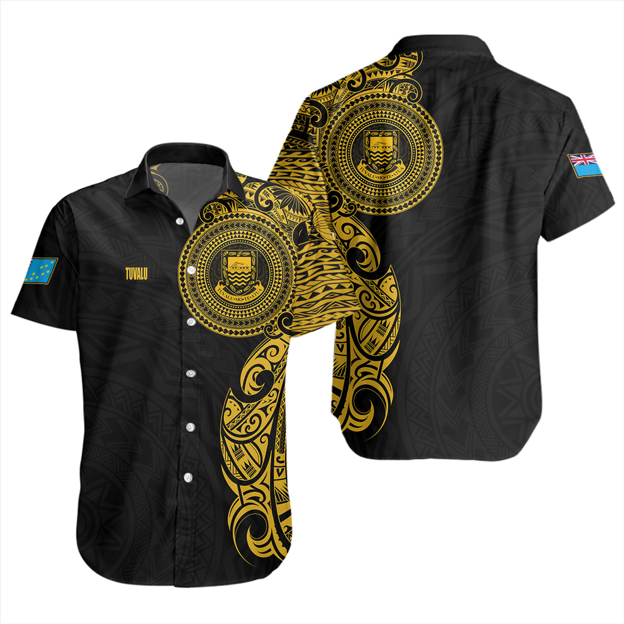 Tuvalu Short Sleeve Shirt Custom Polynesian Half Sleeve Gold Tattoo With Seal Black