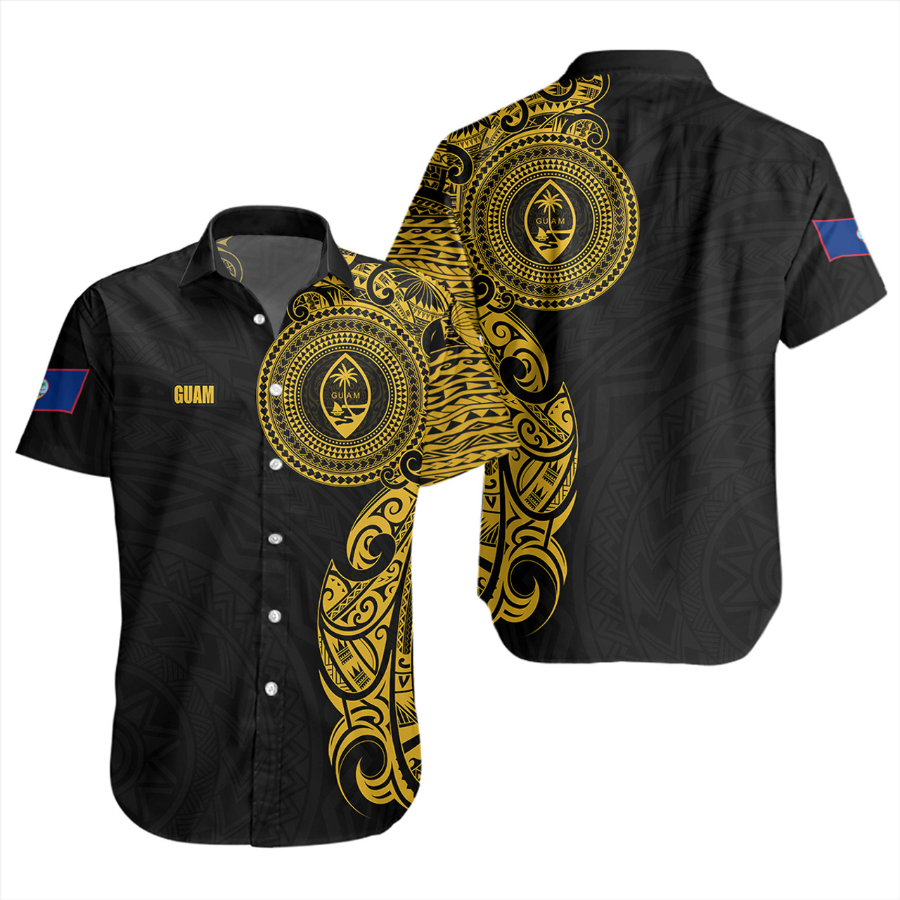 Guam Short Sleeve Shirt Custom Polynesian Half Sleeve Gold Tattoo With Seal Black