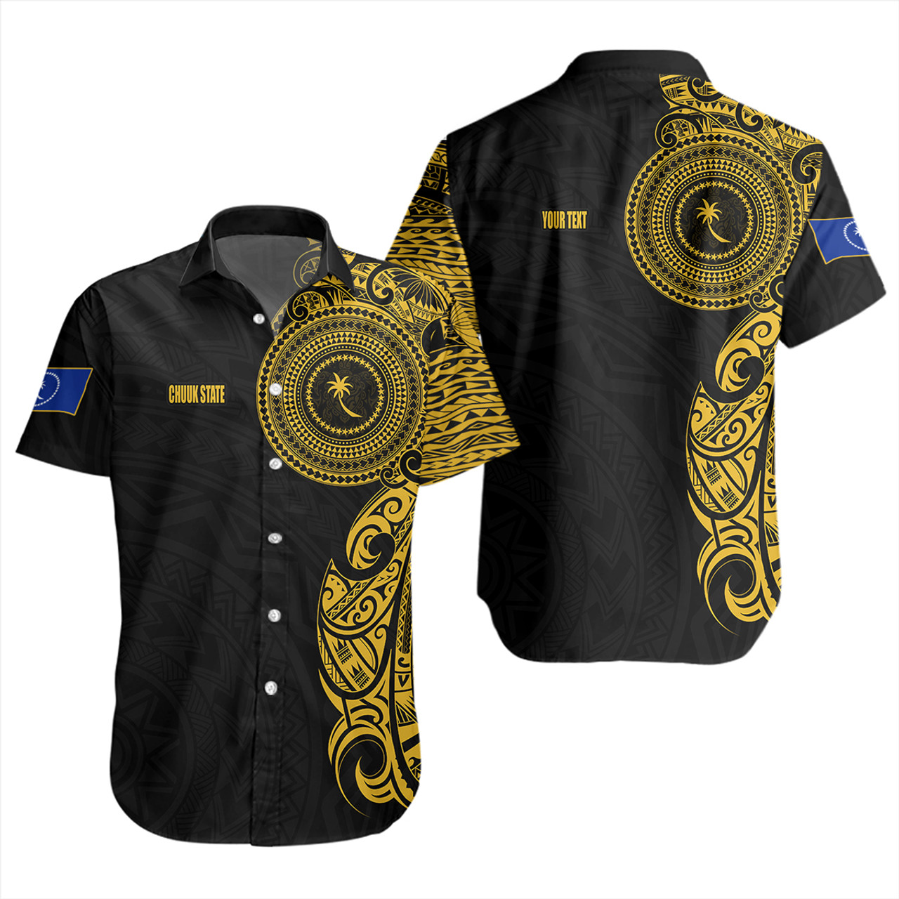 Chuuk State Short Sleeve Shirt Custom Polynesian Half Sleeve Gold Tattoo With Seal Black