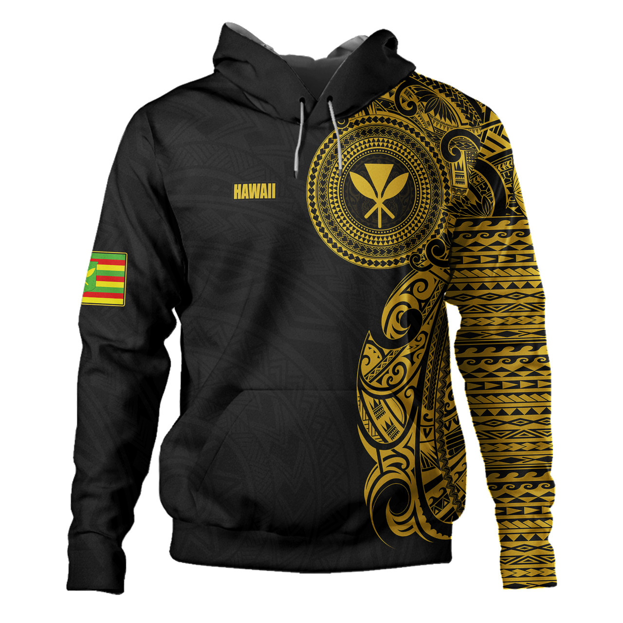 Hawaii Hoodie Hawaii Kanaka Maoli - Custom Polynesian Half Sleeve Gold Tattoo With Kahili Black