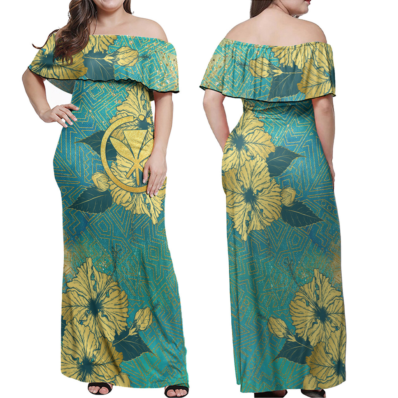 Hawaii Combo Off Shoulder Long Dress And Shirt Golden Hibiscus Turquoise Color Tribal Pattern