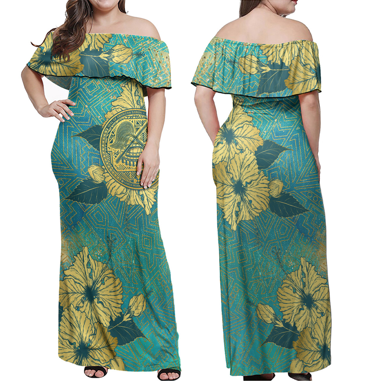 American Samoa Combo Off Shoulder Long Dress And Shirt Golden Hibiscus Turquoise Color Tribal Pattern