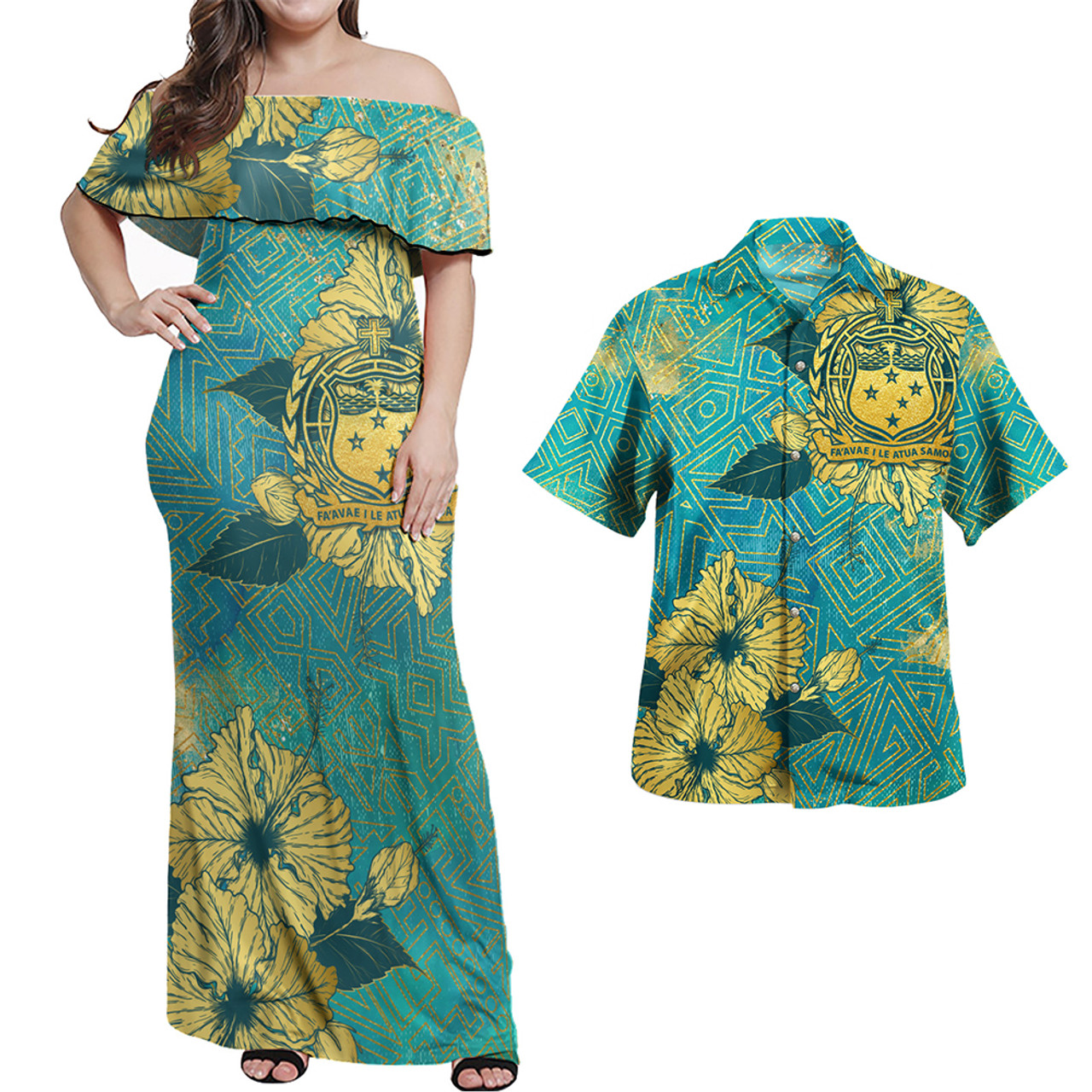 Samoa Combo Off Shoulder Long Dress And Shirt Golden Hibiscus Turquoise Color Tribal Pattern