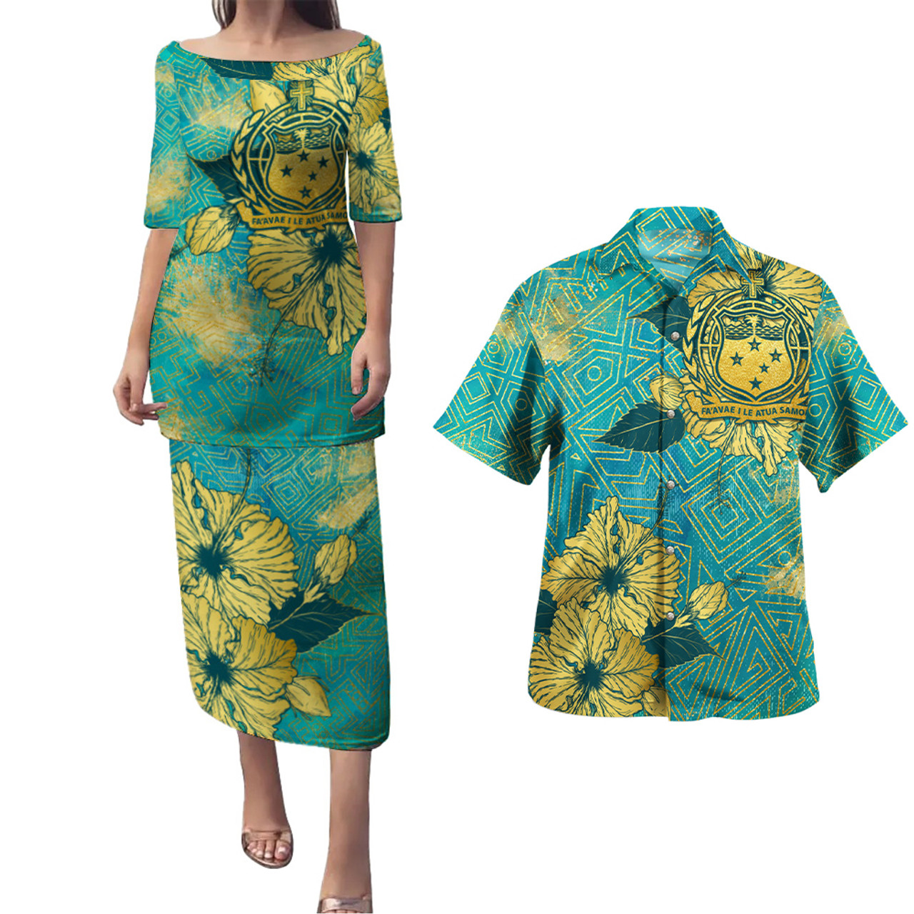 Samoa Combo Puletasi And Shirt Golden Hibiscus Turquoise Color Tribal Pattern