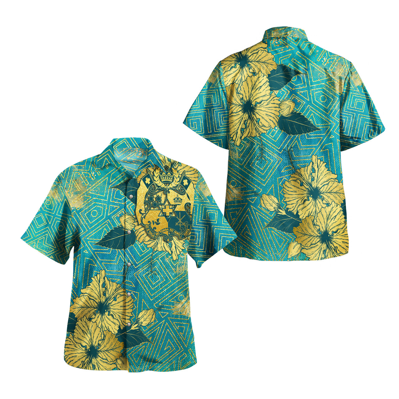 Tonga Combo Puletasi And Shirt Golden Hibiscus Turquoise Color Tribal Pattern