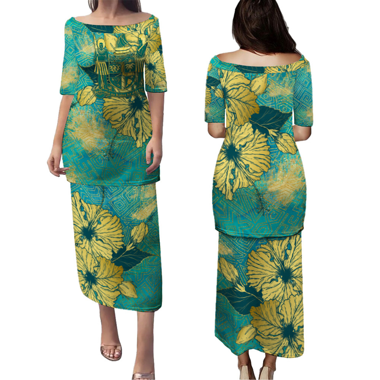 Fiji Combo Puletasi And Shirt Golden Hibiscus Turquoise Color Tribal Pattern