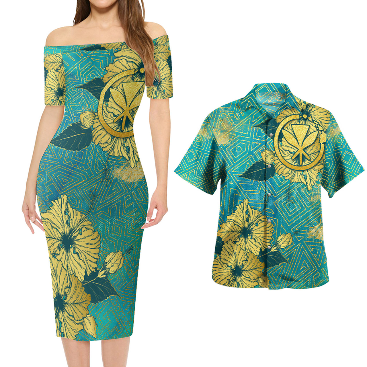 Hawaii Combo Short Sleeve Dress And Shirt Golden Hibiscus Turquoise Color Tribal Pattern