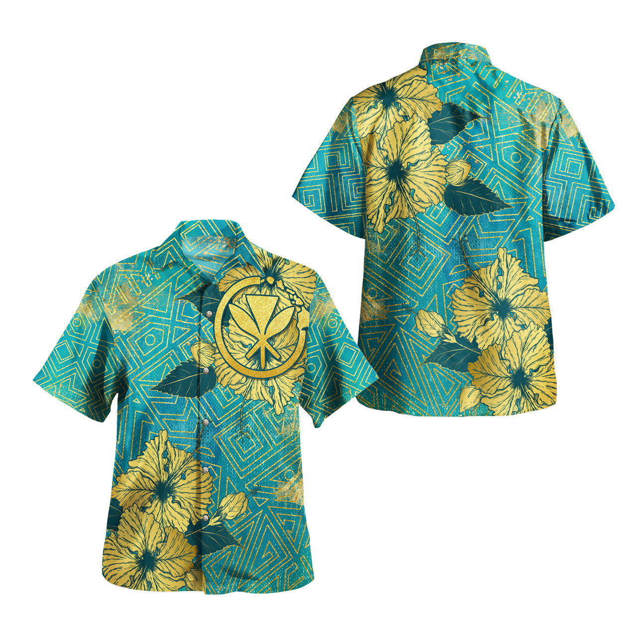 Hawaii Combo Short Sleeve Dress And Shirt Golden Hibiscus Turquoise Color Tribal Pattern