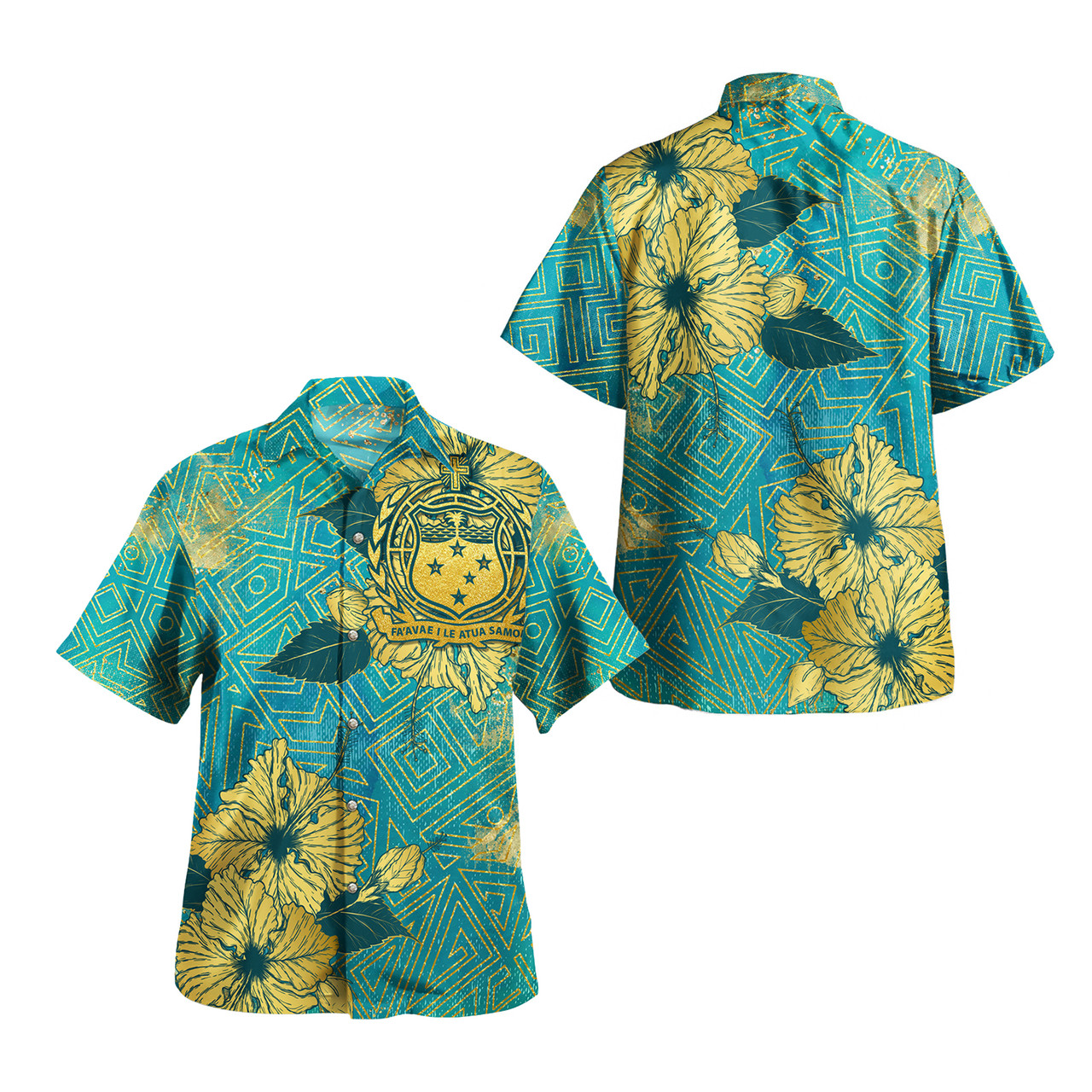 Samoa Combo Short Sleeve Dress And Shirt Golden Hibiscus Turquoise Color Tribal Pattern