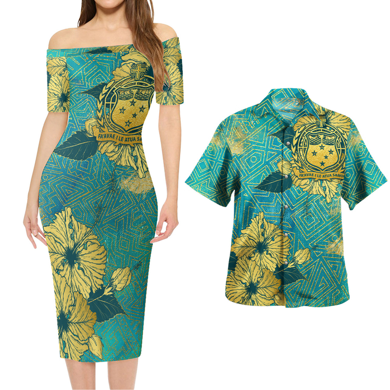 Samoa Combo Short Sleeve Dress And Shirt Golden Hibiscus Turquoise Color Tribal Pattern