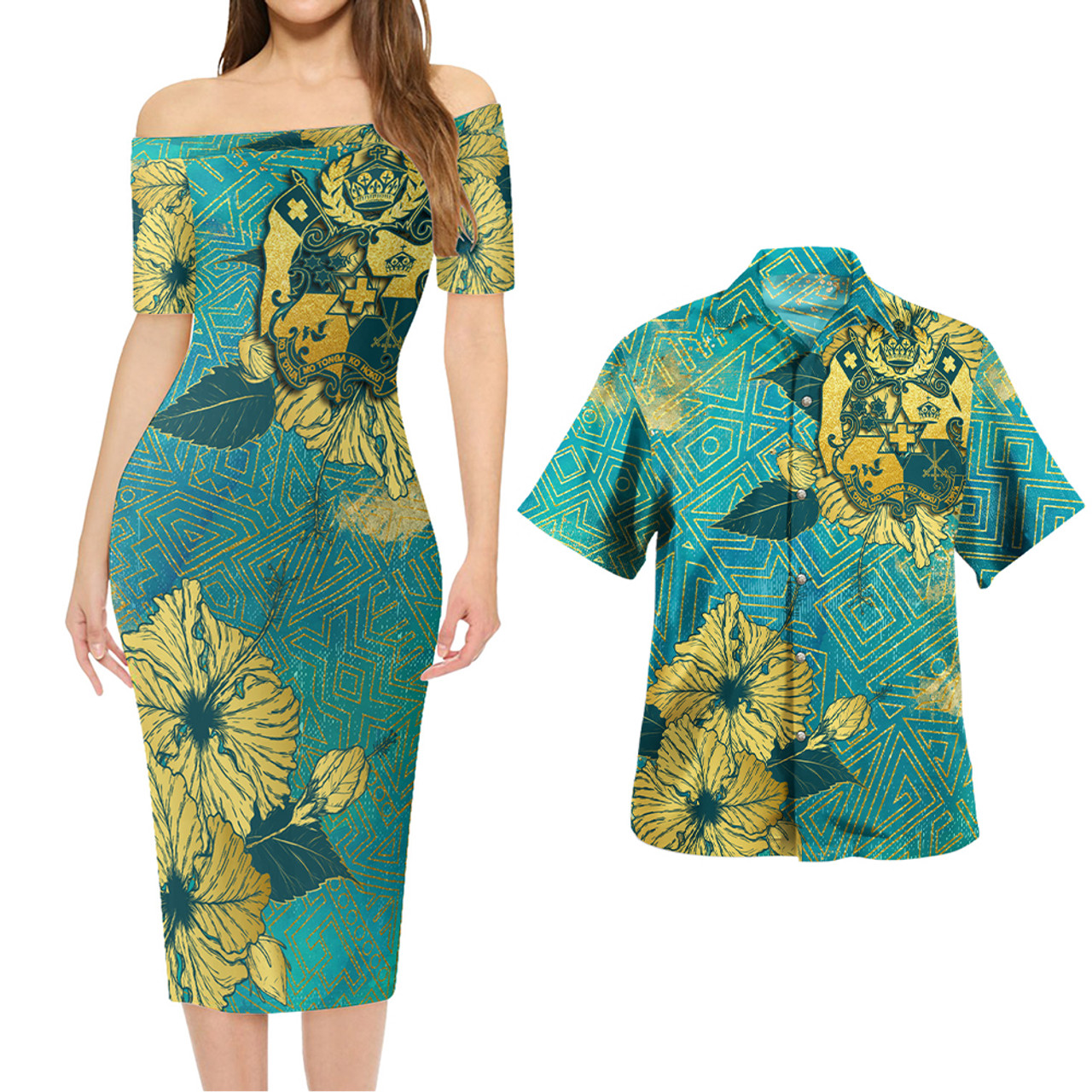 Tonga Combo Short Sleeve Dress And Shirt Golden Hibiscus Turquoise Color Tribal Pattern