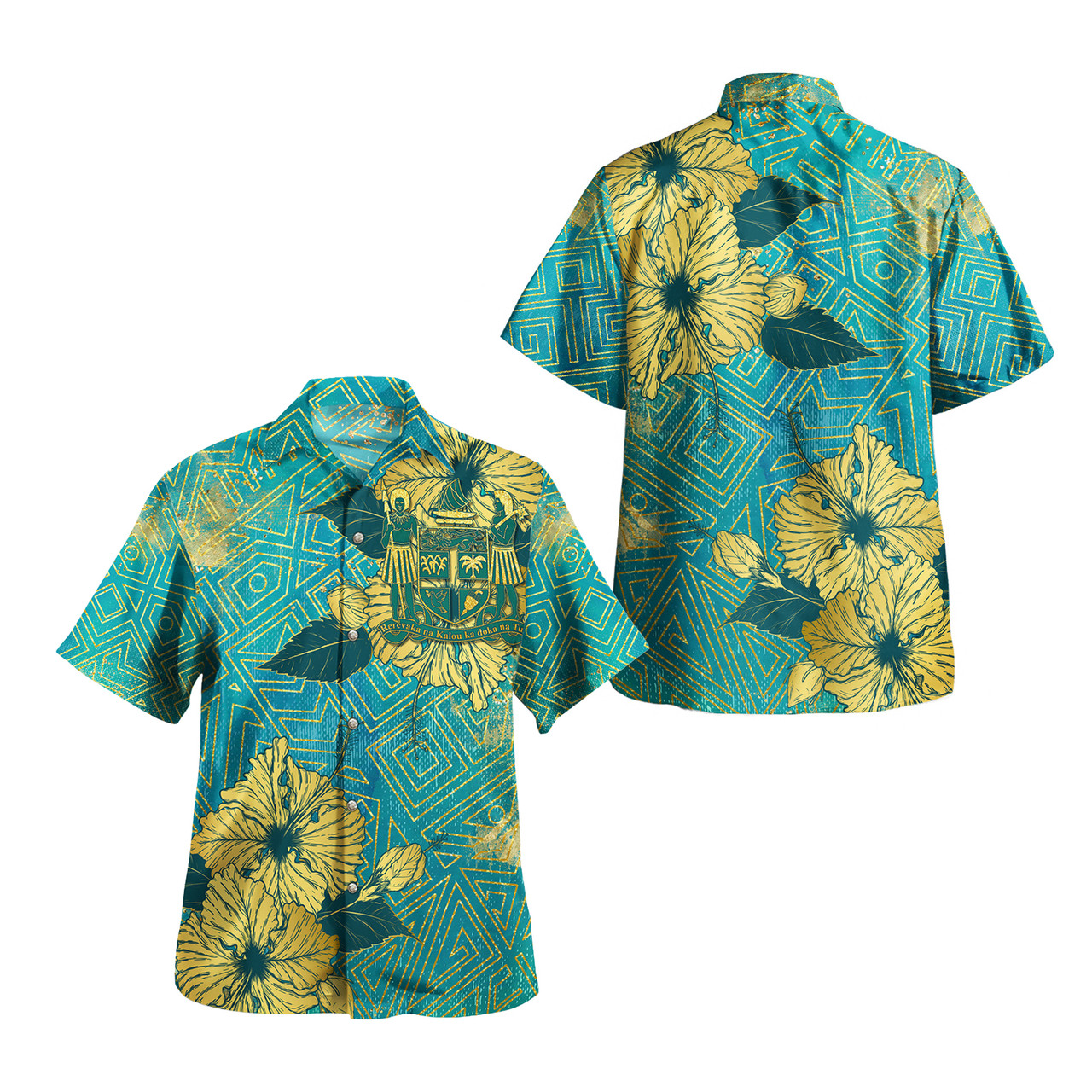Fiji Combo Short Sleeve Dress And Shirt Golden Hibiscus Turquoise Color Tribal Pattern