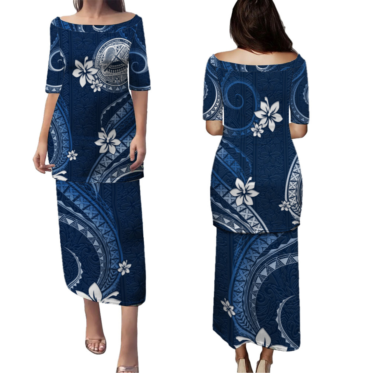American Samoa Combo Puletasi And Shirt White Hibicus Blue Tribal Pattern