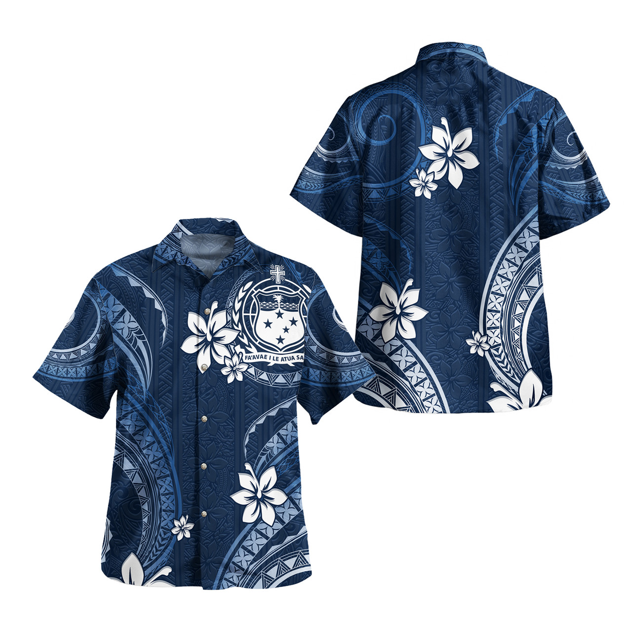 Samoa Combo Puletasi And Shirt White Hibiscus Blue Tribal Pattern