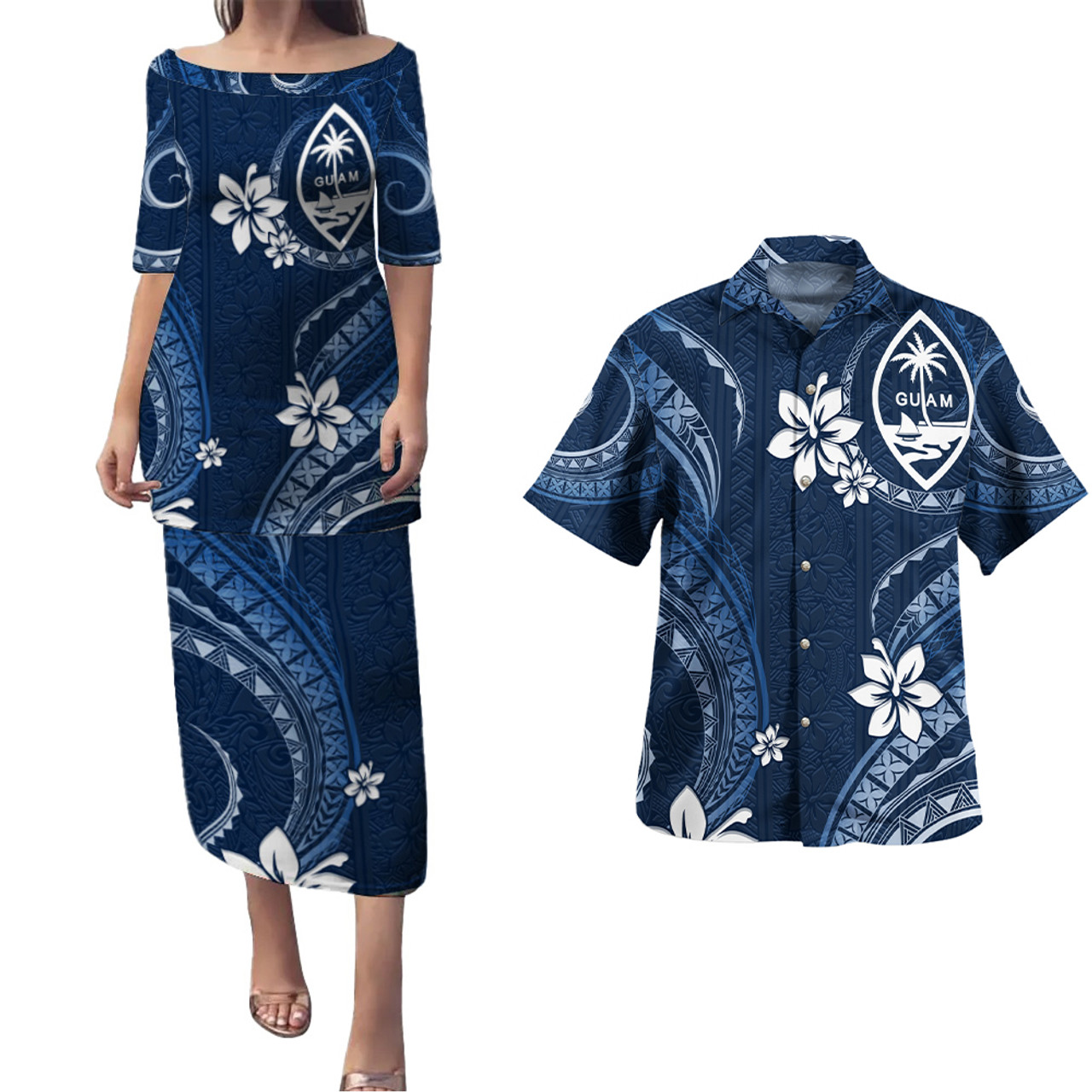 Guam Combo Puletasi And Shirt White Hibicus Blue Tribal Pattern