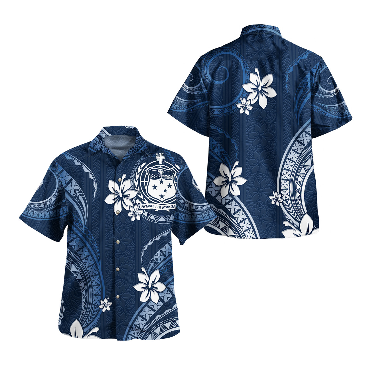 Samoa Combo Short Sleeve Dress And Shirt White Hibicus Blue Tribal Pattern