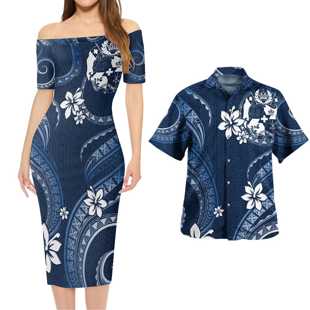 Tonga Combo Short Sleeve Dress And Shirt White Hibicus Blue Tribal Pattern