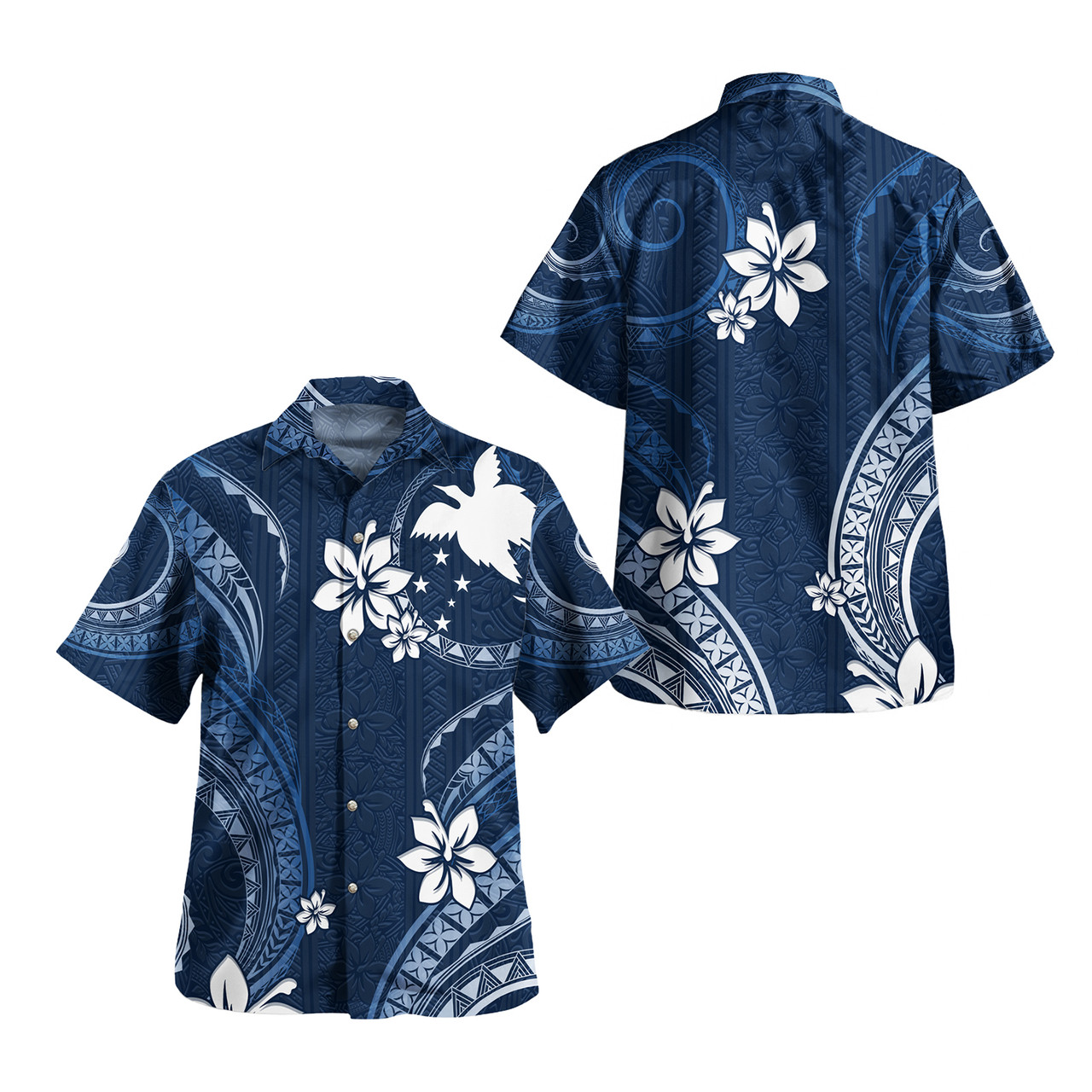 Papua New Guinea Combo Short Sleeve Dress And Shirt White Hibicus Blue Tribal Pattern