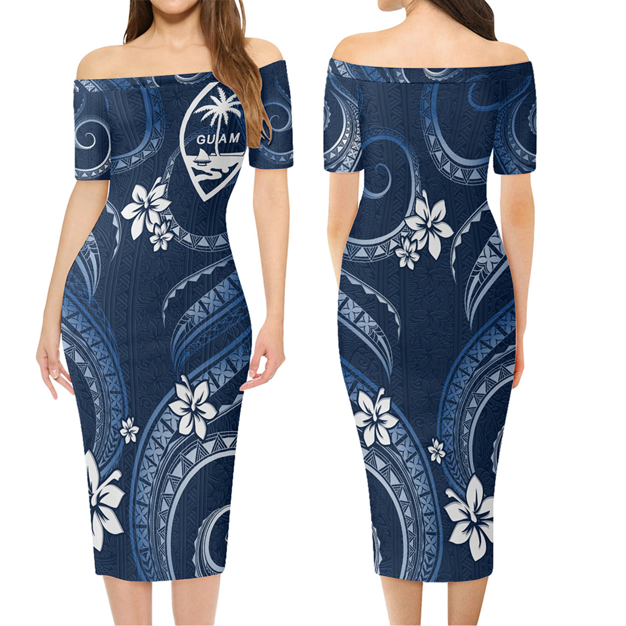 Guam Combo Short Sleeve Dress And Shirt White Hibicus Blue Tribal Pattern