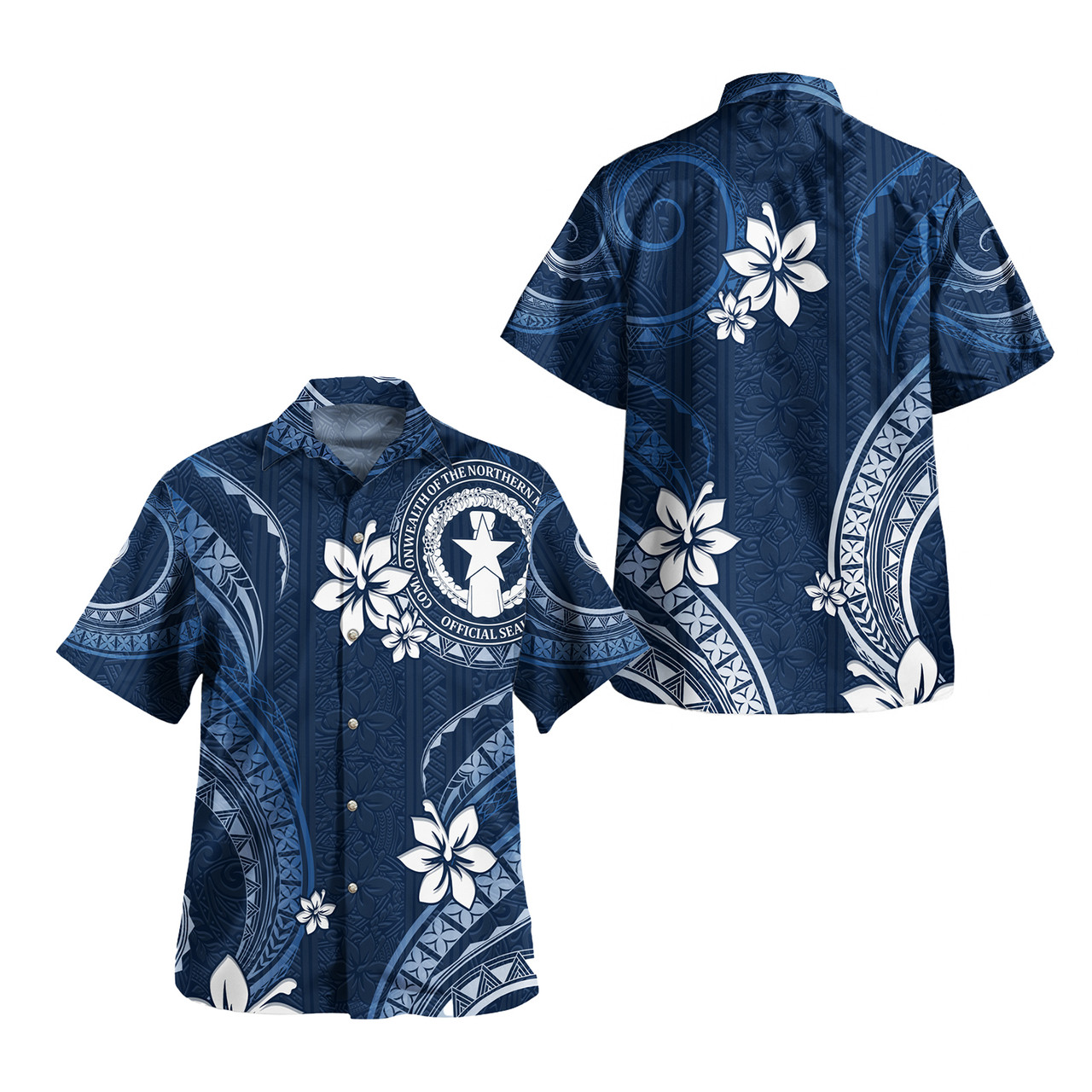 Northern Mariana Islands Combo Short Sleeve Dress And Shirt White Hibicus Blue Tribal Pattern