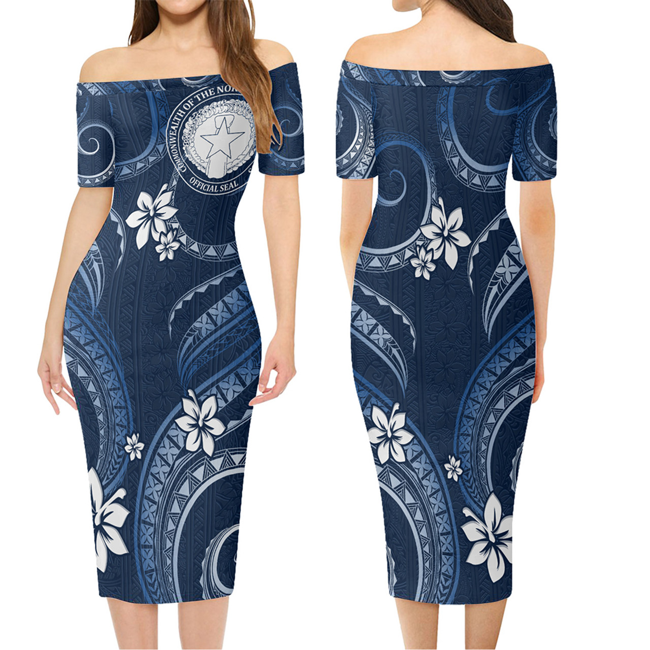 Northern Mariana Islands Combo Short Sleeve Dress And Shirt White Hibicus Blue Tribal Pattern