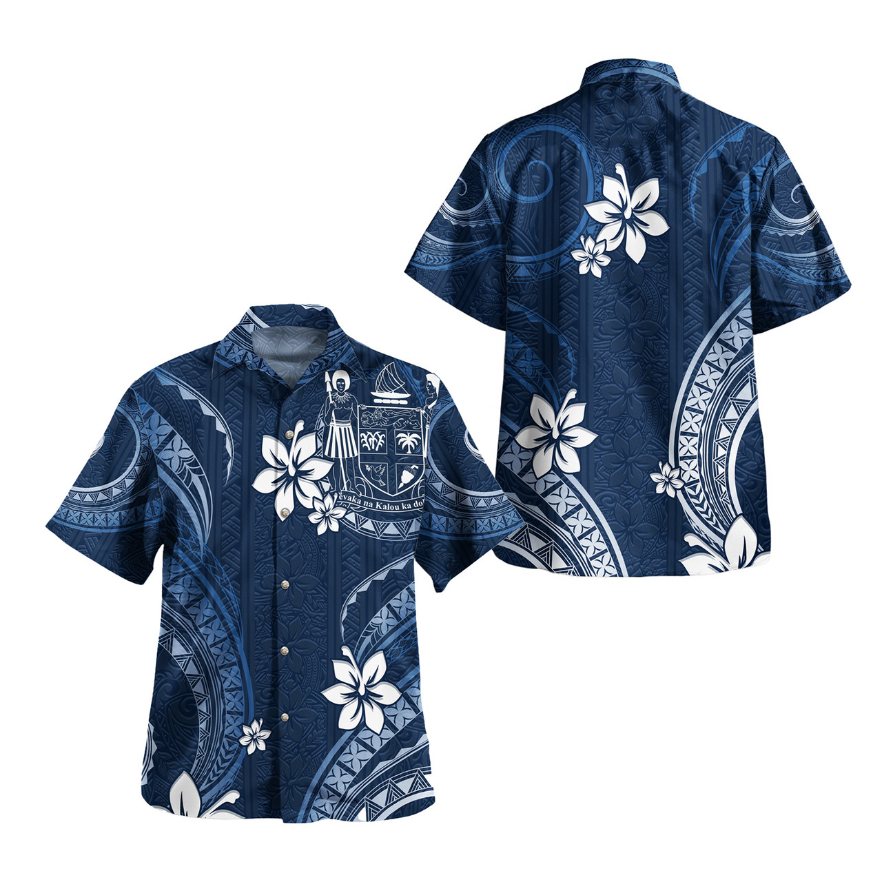 Fiji Combo Short Sleeve Dress And Shirt White Hibicus Blue Tribal Pattern