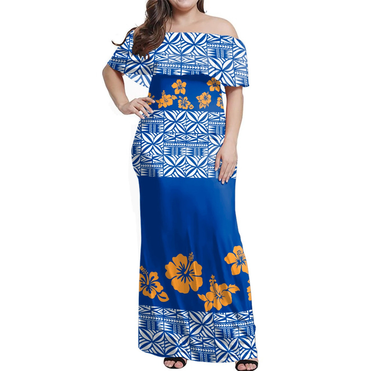 Samoa Off Shoulder Long Dress Tapa Flower Fabric Print