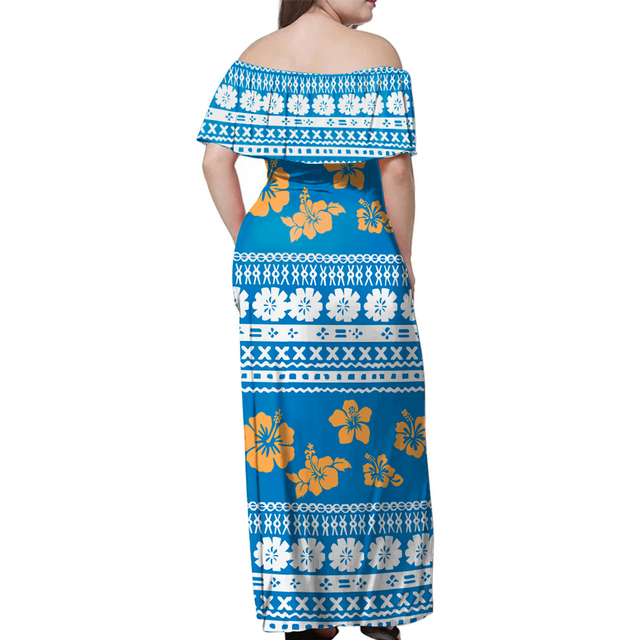 Fiji Combo Off Shoulder Long Dress And Shirt Tapa Flower Fabric Print