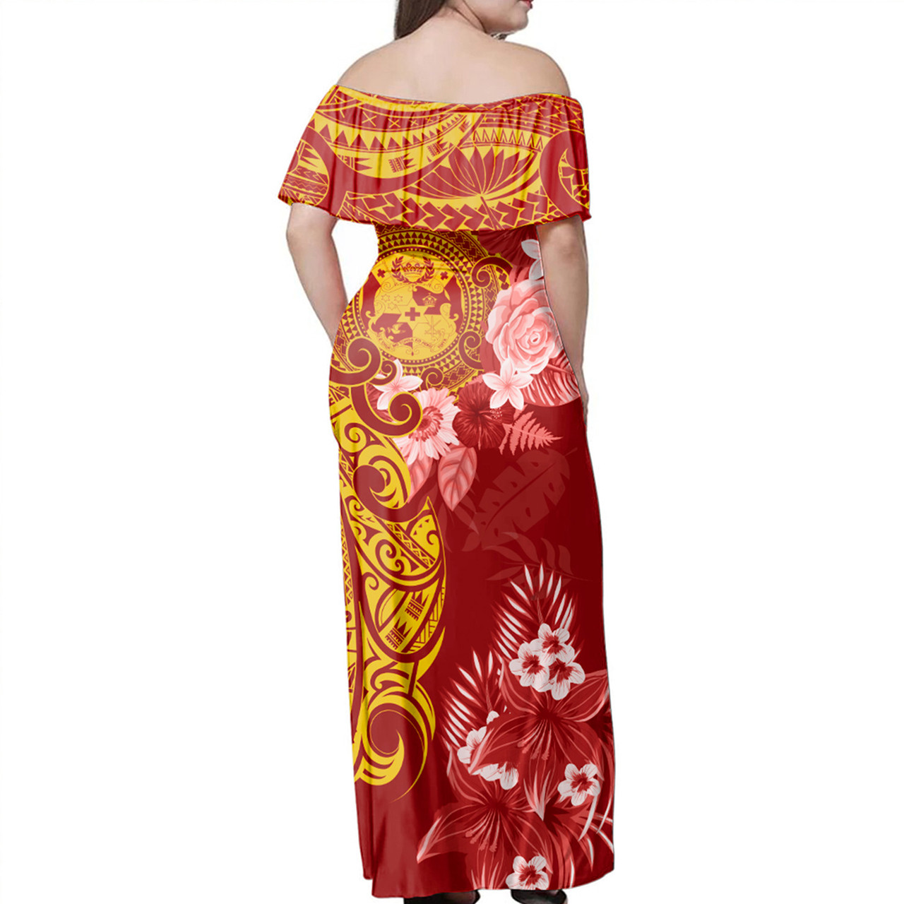 Tonga Off Shoulder Long Dress Polynesian Tropical Plumeria Tribal Red
