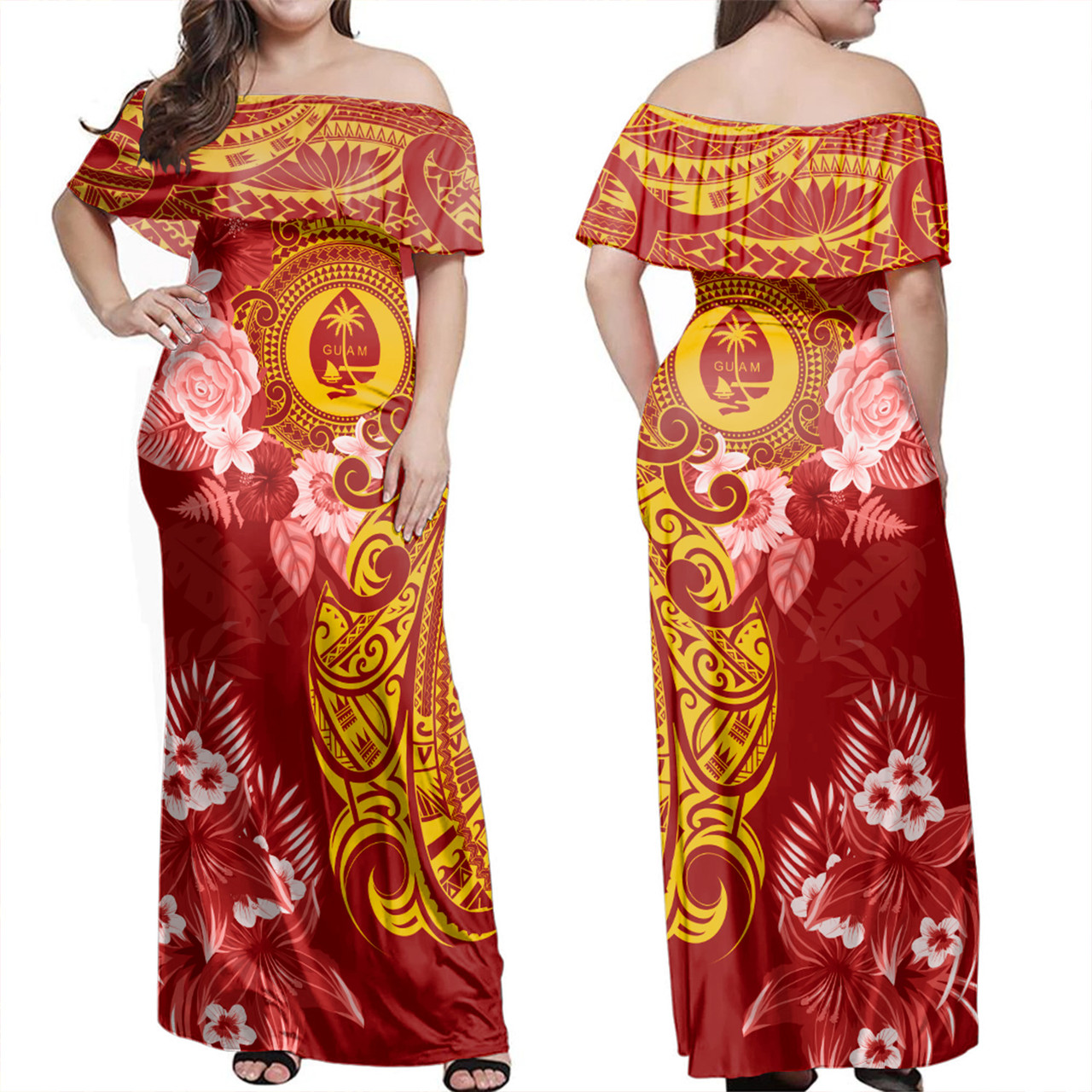 Guam Off Shoulder Long Dress Polynesian Tropical Plumeria Tribal Red