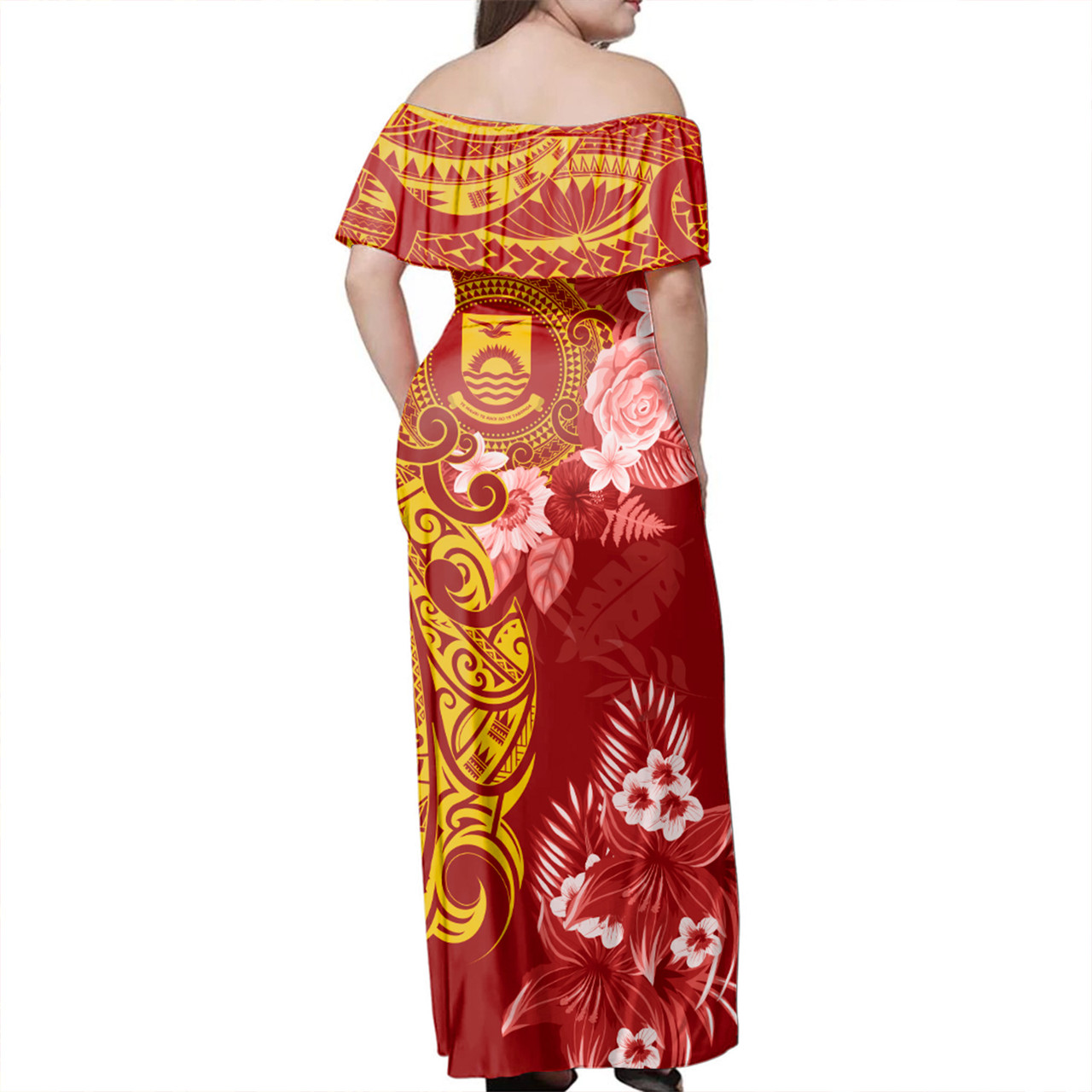 Kiribati Off Shoulder Long Dress Polynesian Tropical Plumeria Tribal Red