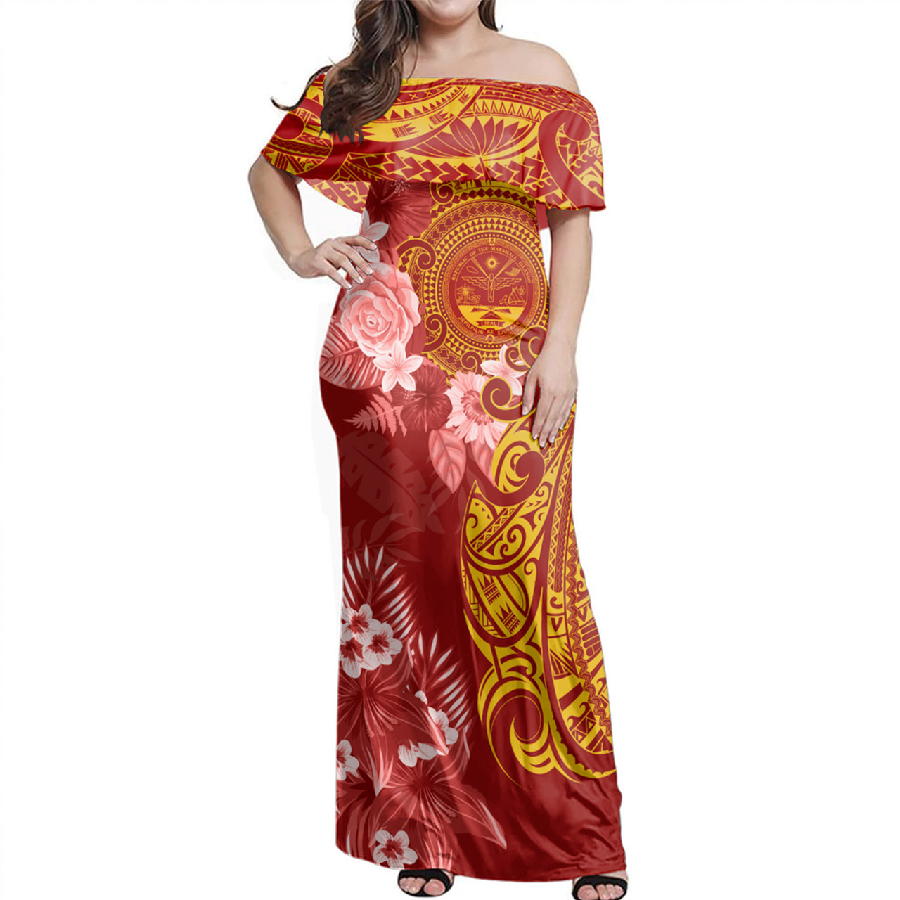 Marshall Islands Off Shoulder Long Dress Polynesian Tropical Plumeria Tribal Red