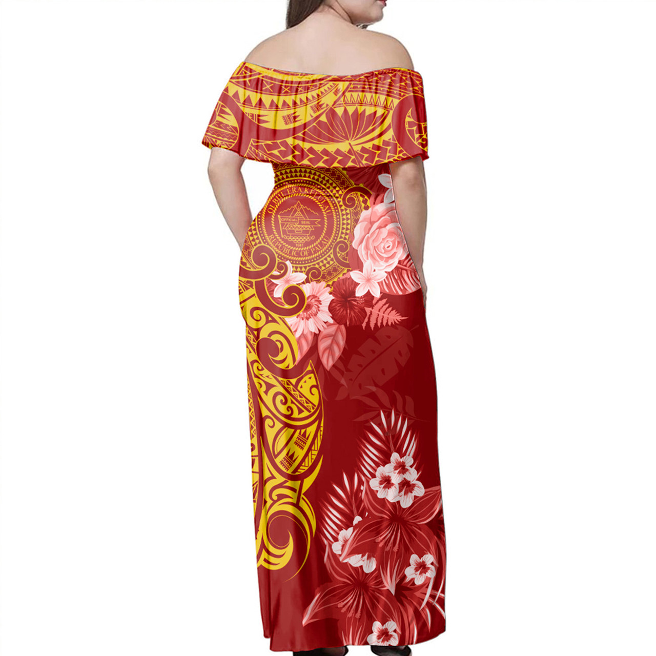 Palau Off Shoulder Long Dress Polynesian Tropical Plumeria Tribal Red