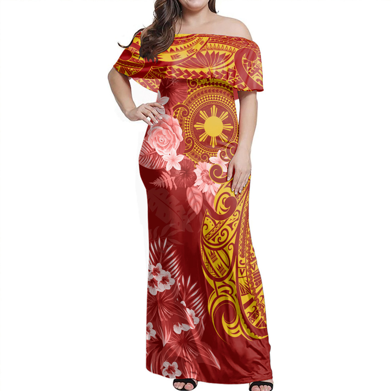 Philippines Filipinos Off Shoulder Long Dress Polynesian Tropical Plumeria Tribal Red