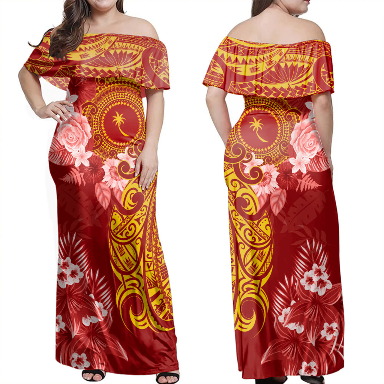 Chuuk State Off Shoulder Long Dress Polynesian Tropical Plumeria Tribal Red