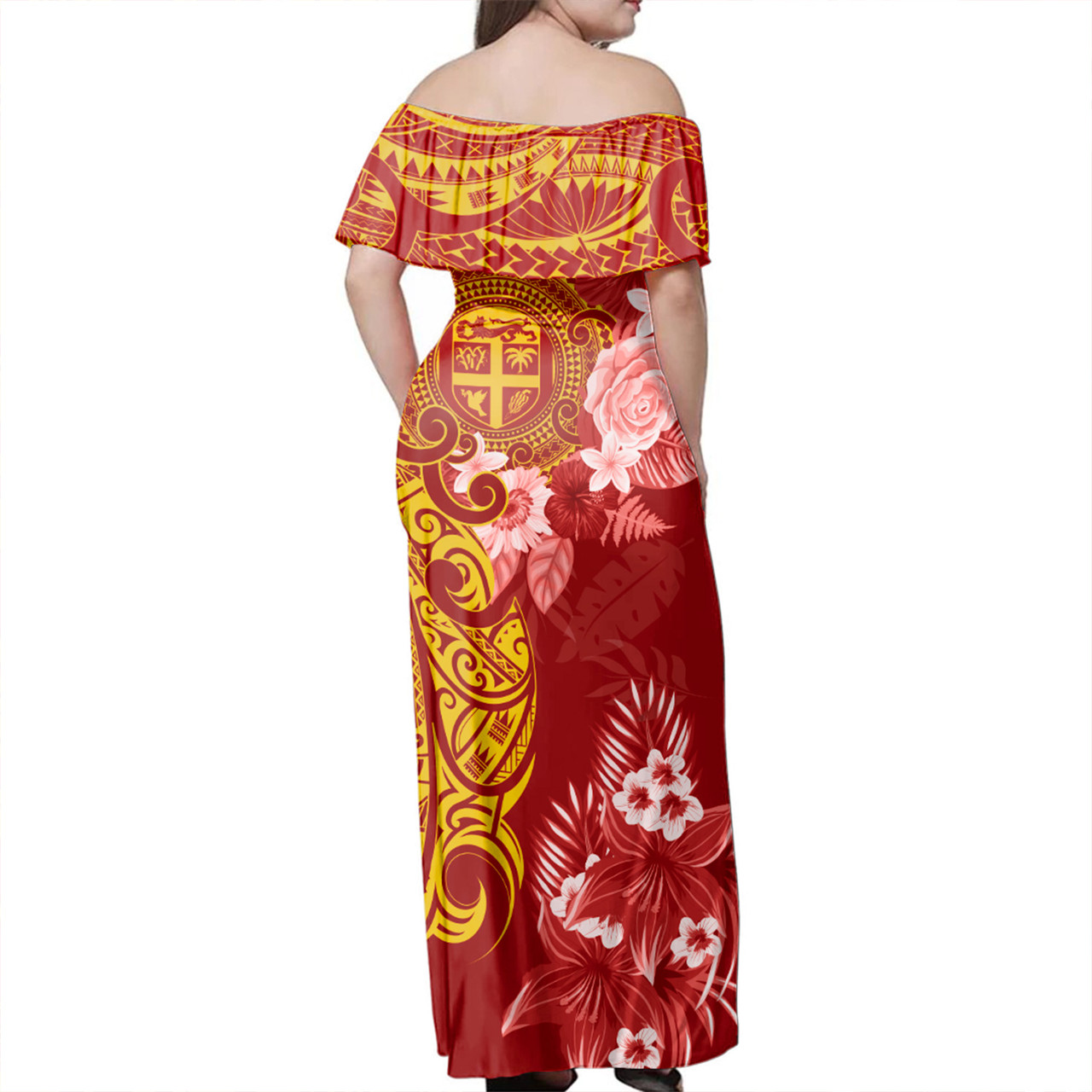 Fiji Off Shoulder Long Dress Polynesian Tropical Plumeria Tribal Red