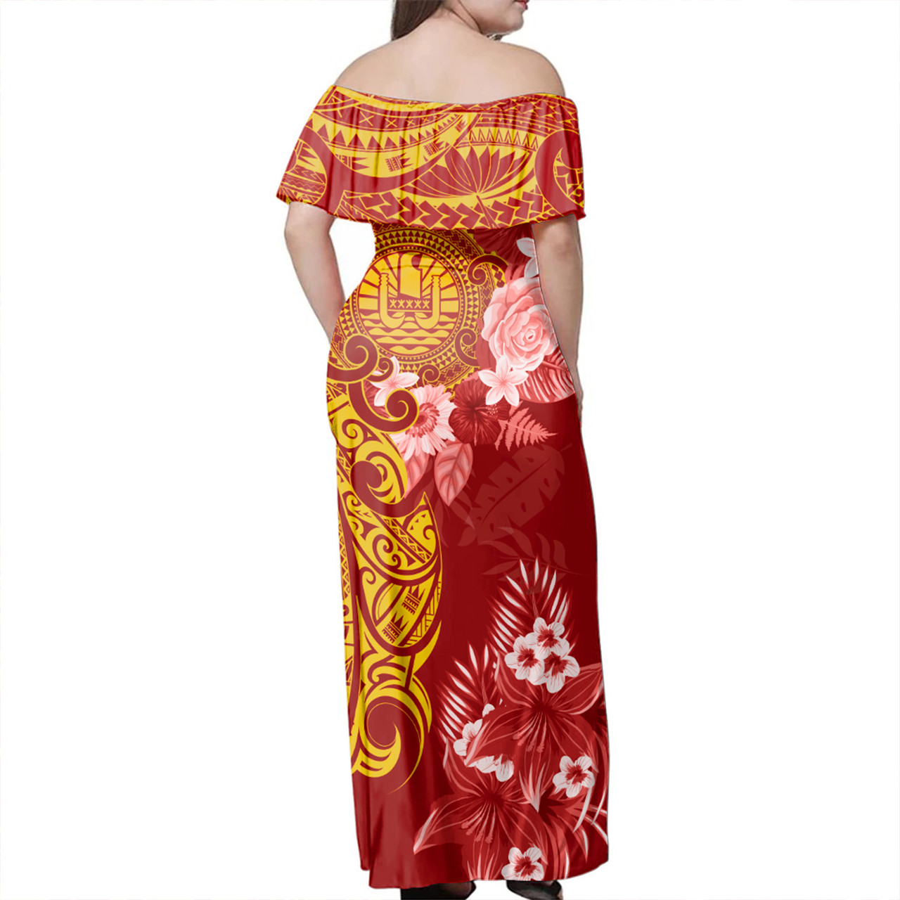 French Polynesia Off Shoulder Long Dress Polynesian Tropical Plumeria Tribal Red