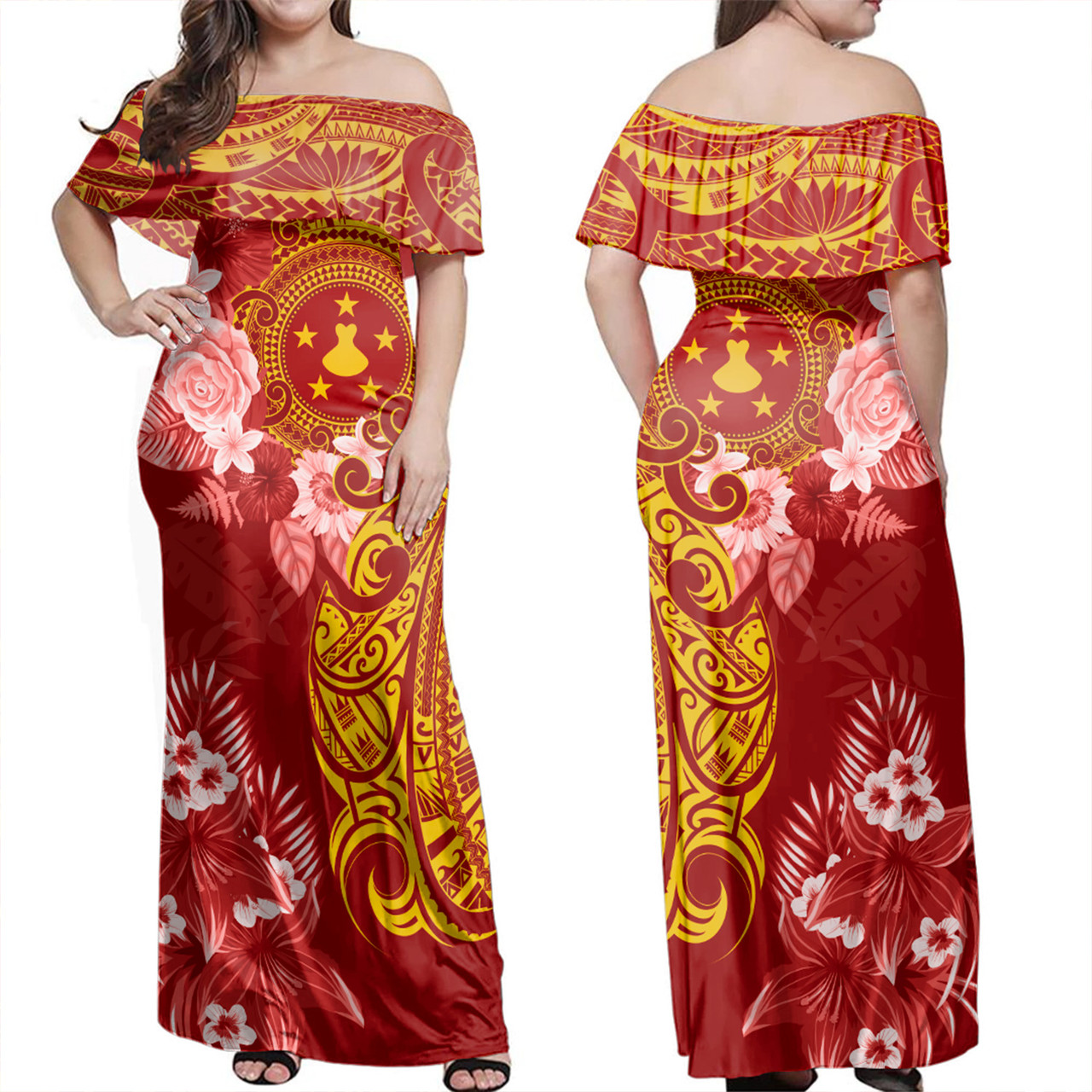 Austral Islands Off Shoulder Long Dress Polynesian Tropical Plumeria Tribal Red