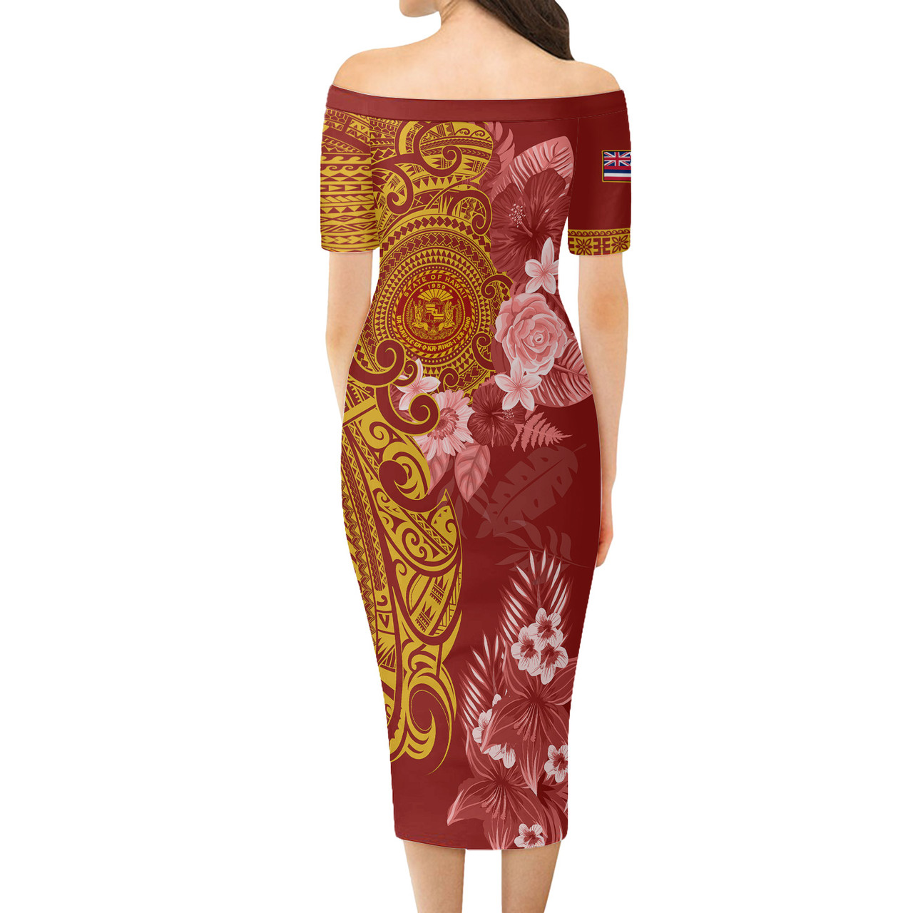Hawaii Short Sleeve Off The Shoulder Lady Dress Polynesian Tropical Plumeria Tribal Red