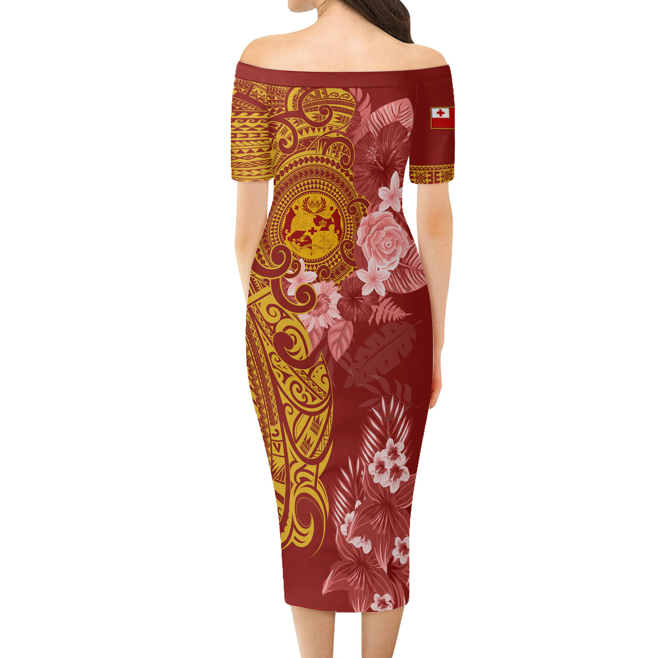 Tonga Short Sleeve Off The Shoulder Lady Dress Polynesian Tropical Plumeria Tribal Red
