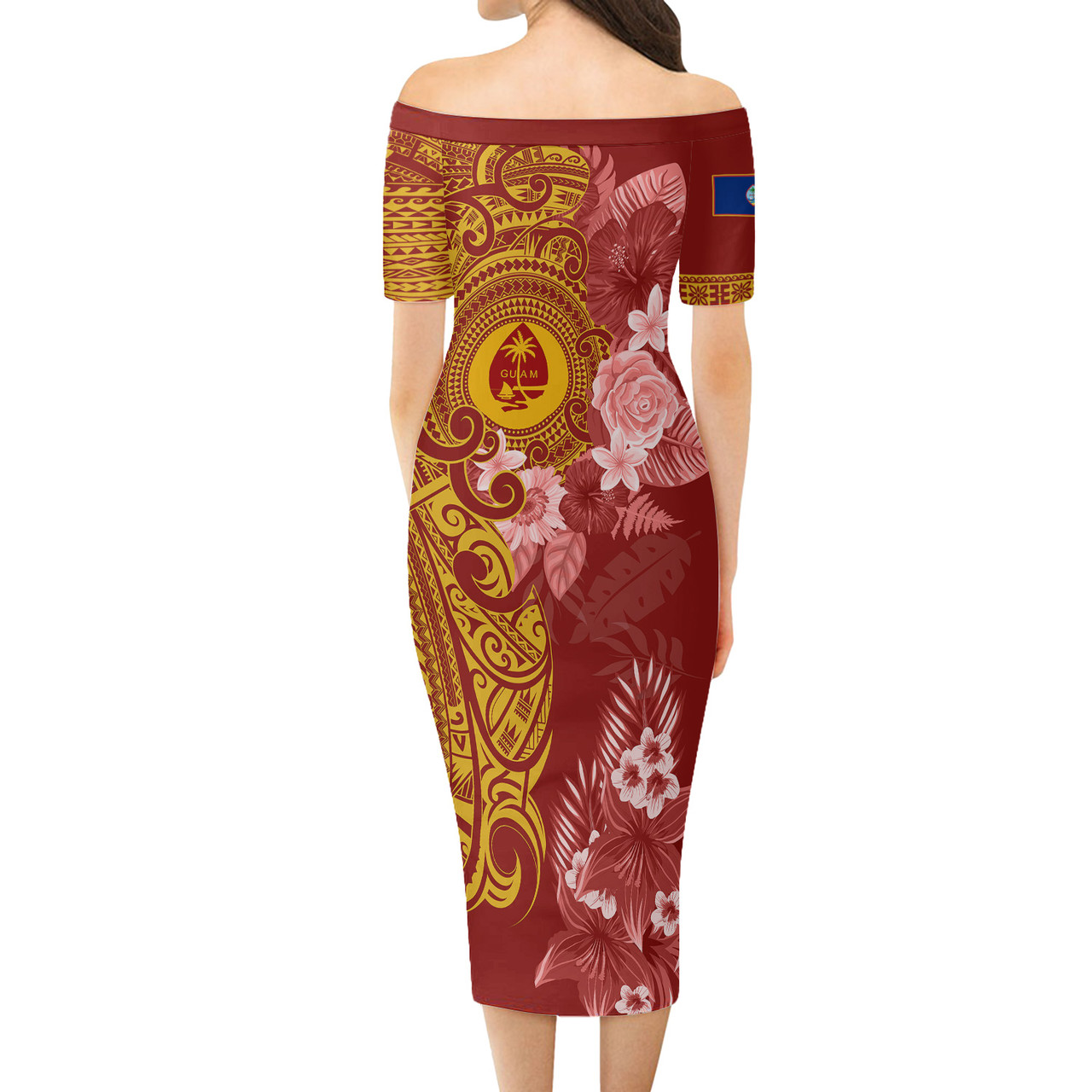 Guam Short Sleeve Off The Shoulder Lady Dress Polynesian Tropical Plumeria Tribal Red