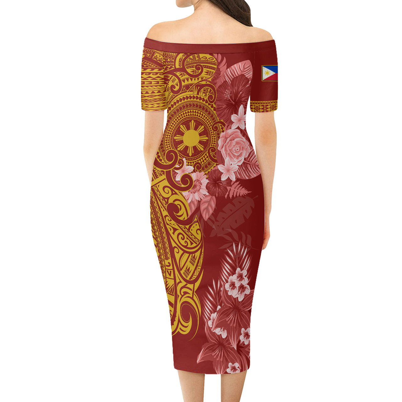 Philippines Filipinos Short Sleeve Off The Shoulder Lady Dress Polynesian Tropical Plumeria Tribal Red