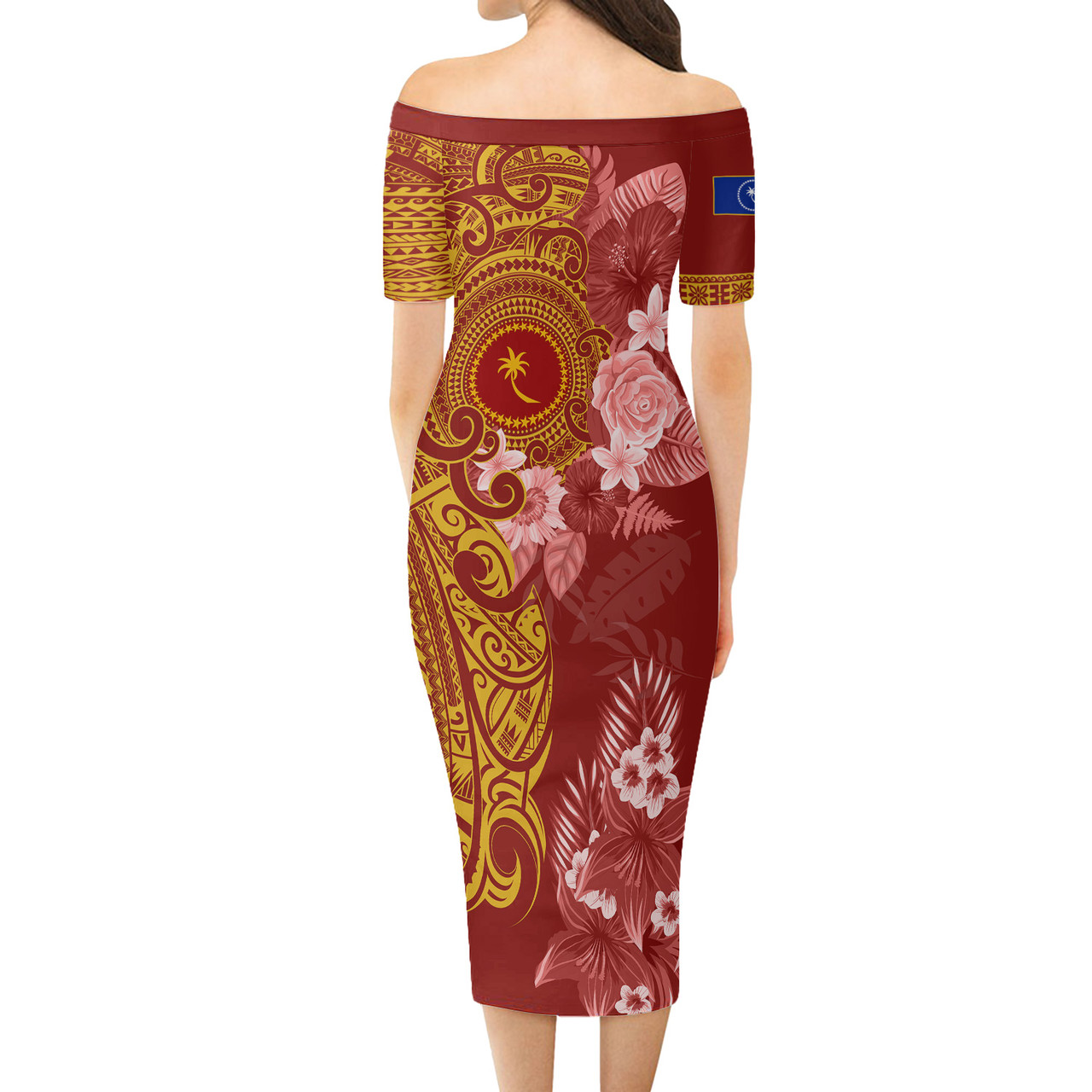 Chuuk State Short Sleeve Off The Shoulder Lady Dress Polynesian Tropical Plumeria Tribal Red