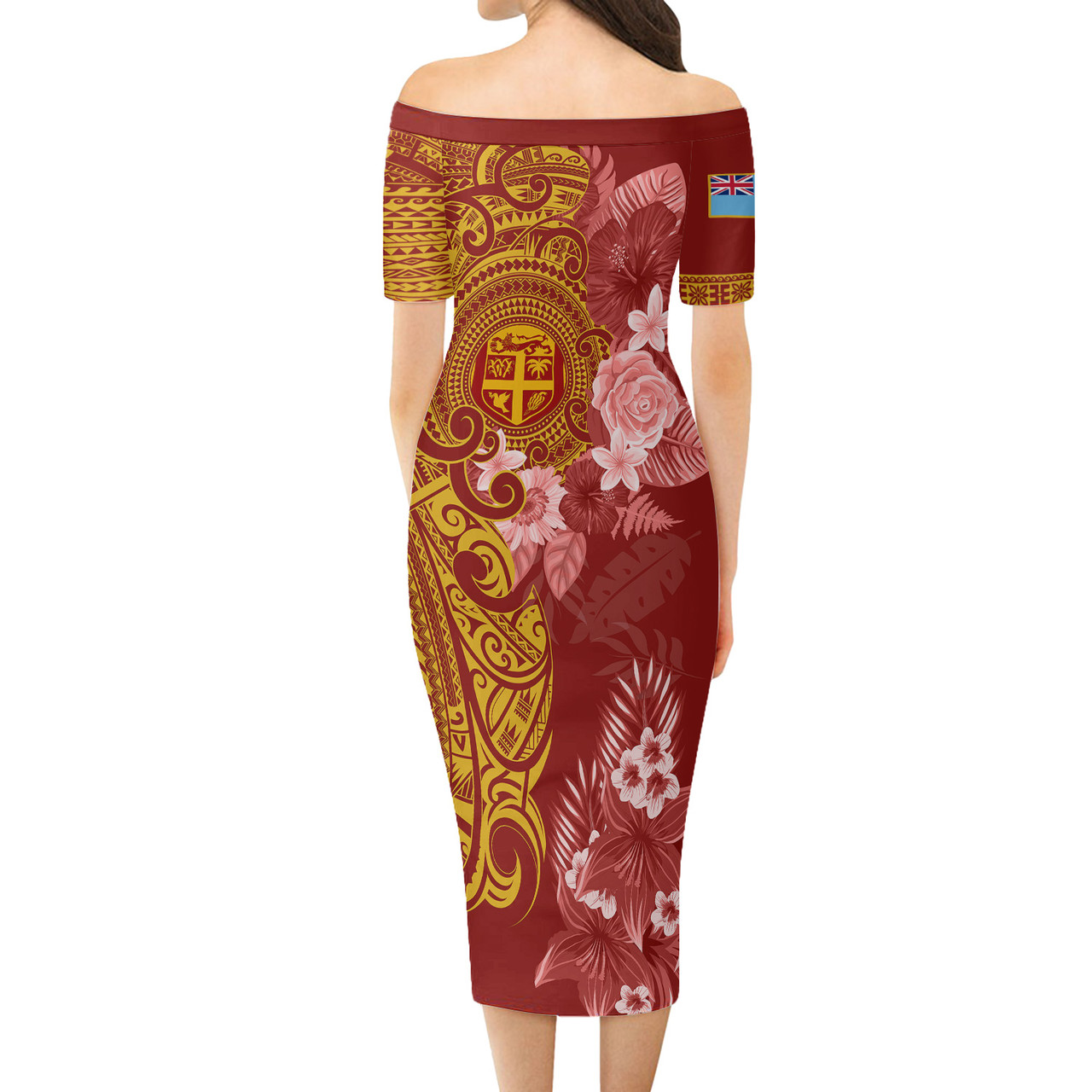 Fiji Short Sleeve Off The Shoulder Lady Dress Polynesian Tropical Plumeria Tribal Red