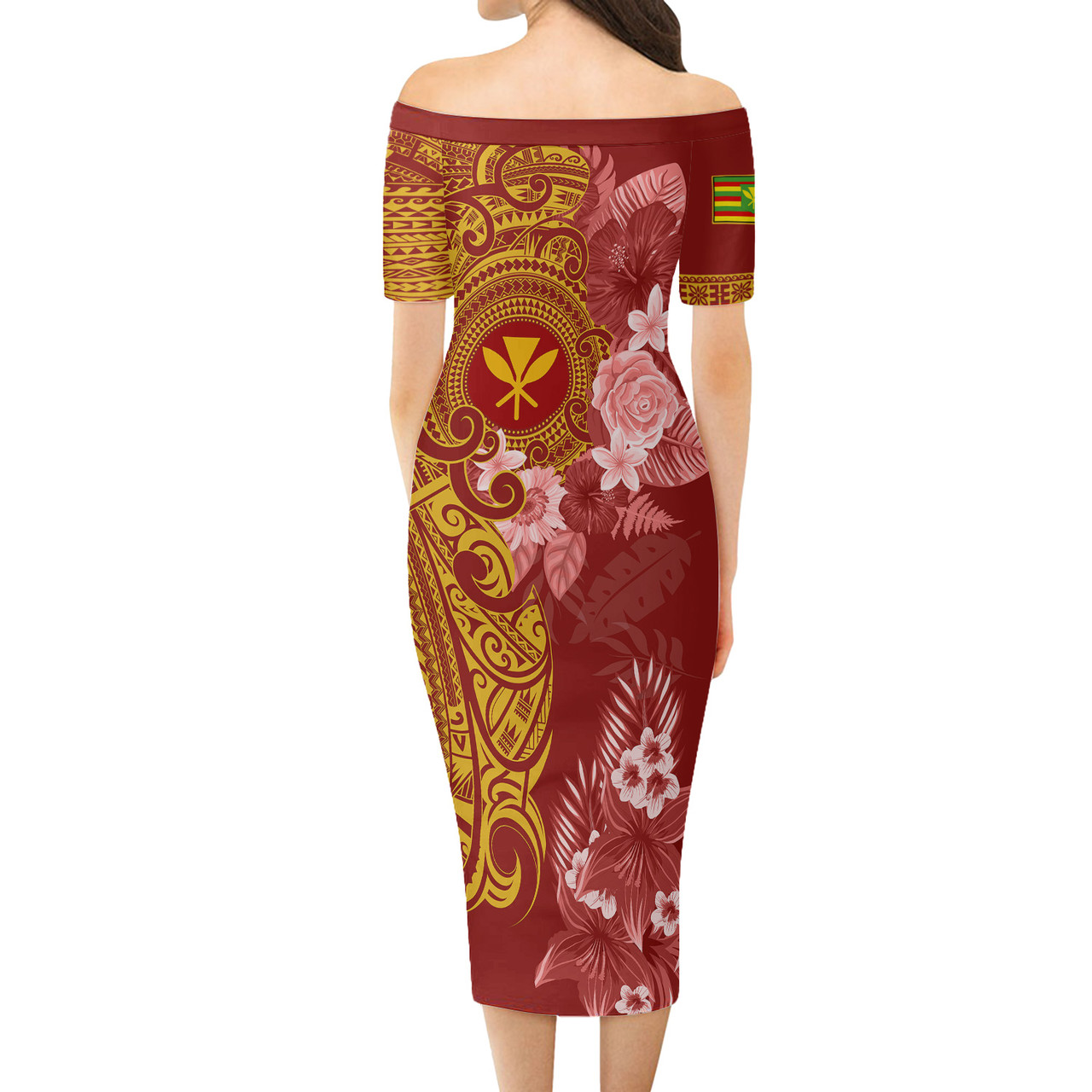 Hawaii Kanaka Maoli Short Sleeve Off The Shoulder Lady Dress Polynesian Tropical Plumeria Tribal Red