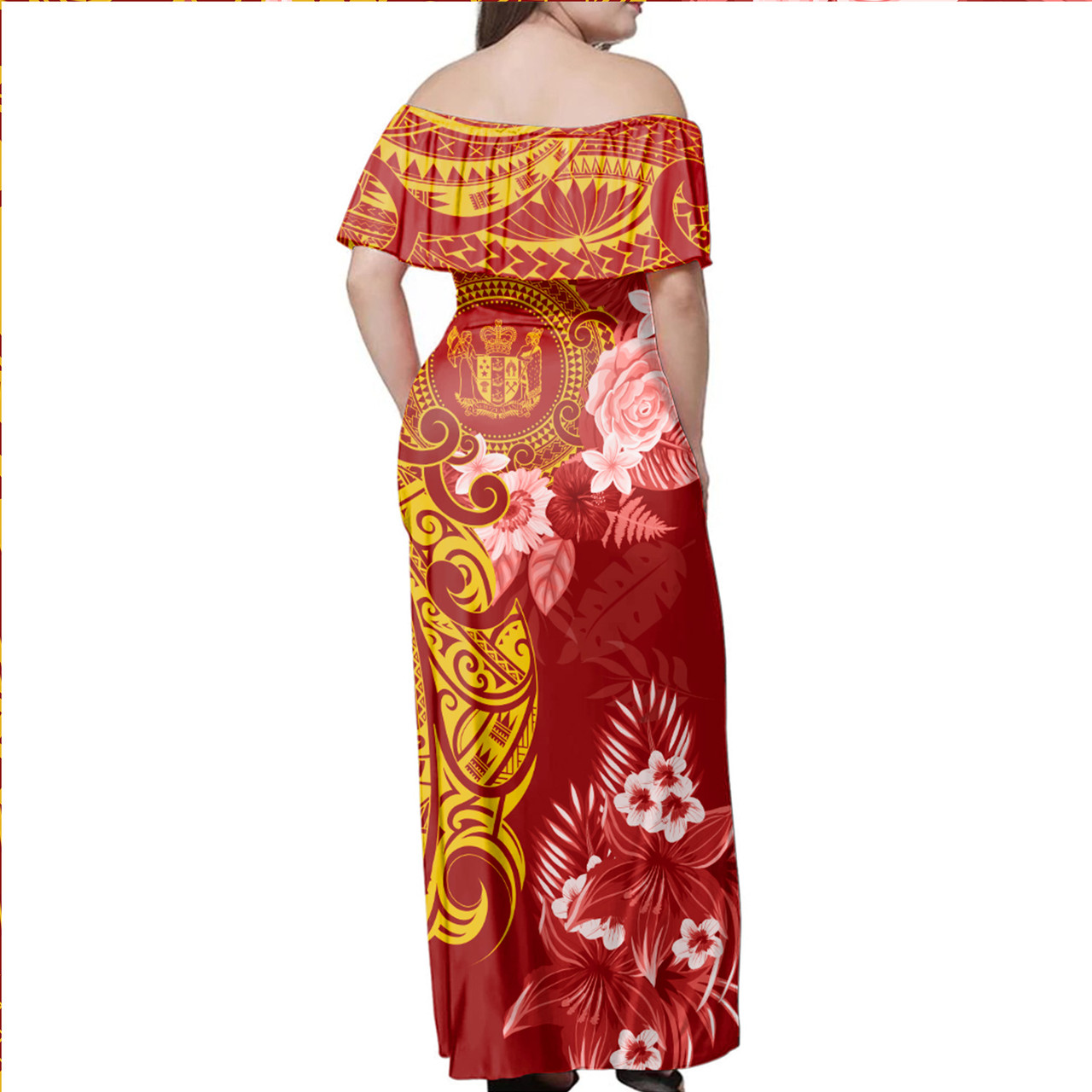 New Zealand Combo Off Shoulder Long Dress And Shirt Polynesian Tropical Plumeria Tribal Red
