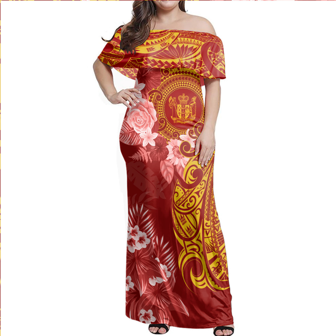 New Zealand Combo Off Shoulder Long Dress And Shirt Polynesian Tropical Plumeria Tribal Red